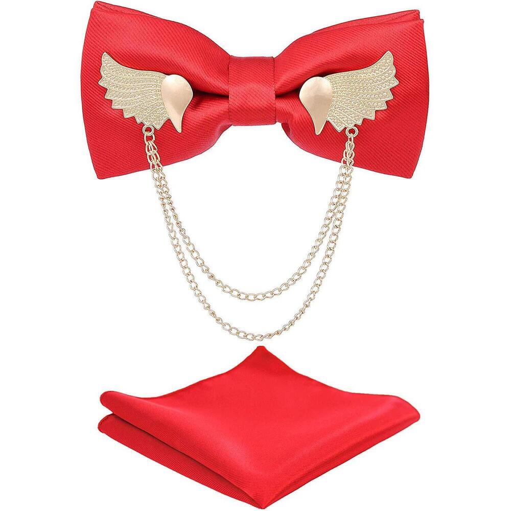 3752 Solid Bow Tie Metal Golden Wing Bowties Hanky Set Tuxedo Banquet Neck